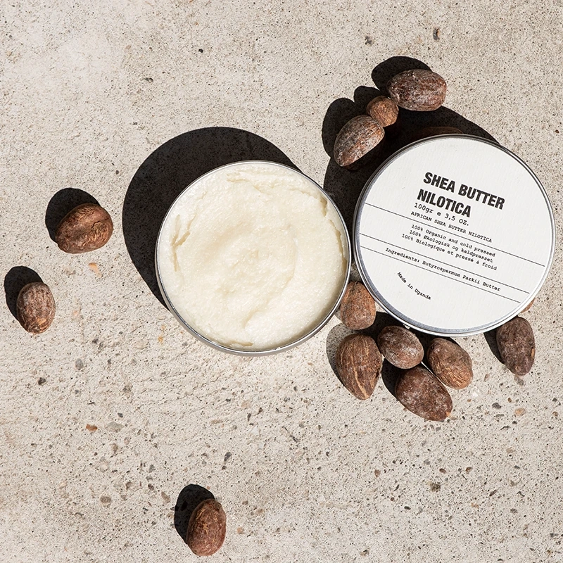 Shea Butter in Tin Can with Shea Nuts.