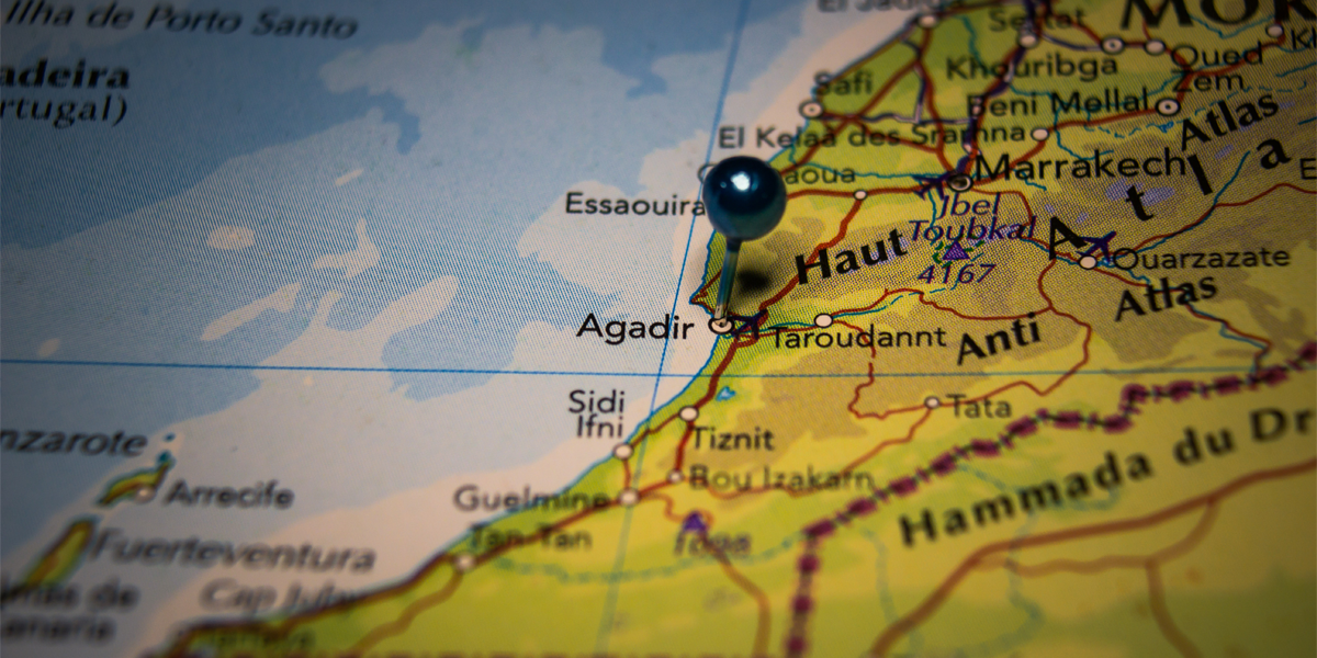 Agadir, die Quelle von Arganöl, auf der Weltkarte markiert.
